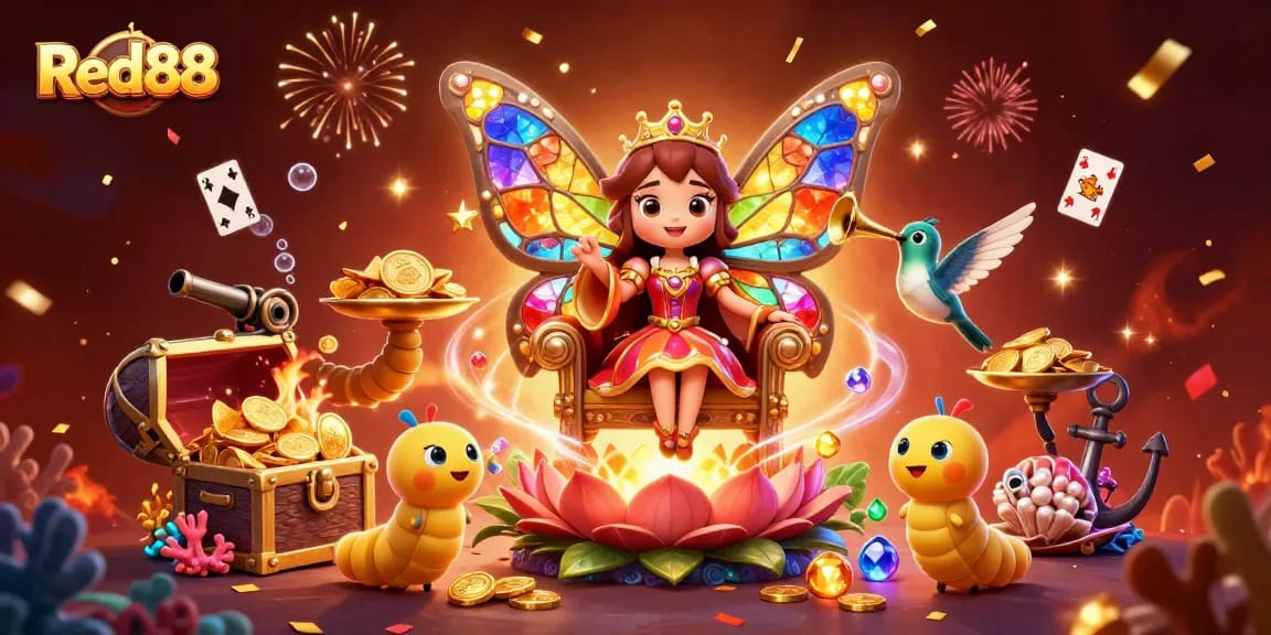Experience the vibrant world of Red88 with a butterfly queen and gaming treasures in this lively casino scene.