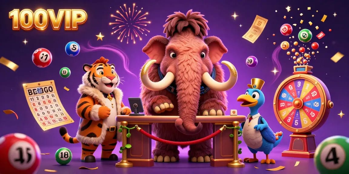 Experience the vibrant 100VIP casino atmosphere with a woolly mammoth bouncer and dynamic lottery elements.