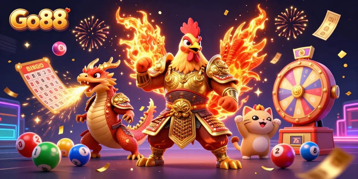 Engage with Go88, featuring dynamic characters amidst colorful casino elements, showcasing an exciting gaming atmosphere.