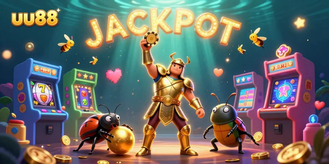uu88 jackpot scene with heroic beetles celebrating win amidst colorful gaming elements