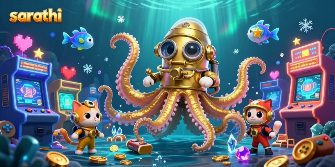 Play games and win rewards with sarathi in a vibrant casino-themed 3D illustration.