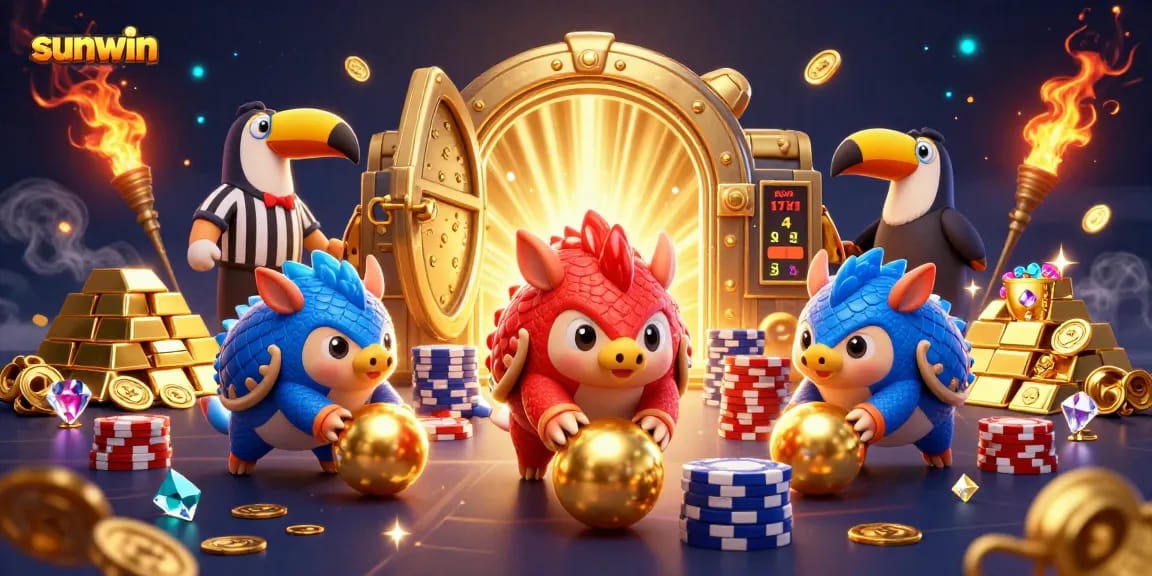 Experience excitement at sunwin with rival pangolins rolling golden balls amidst poker chips.