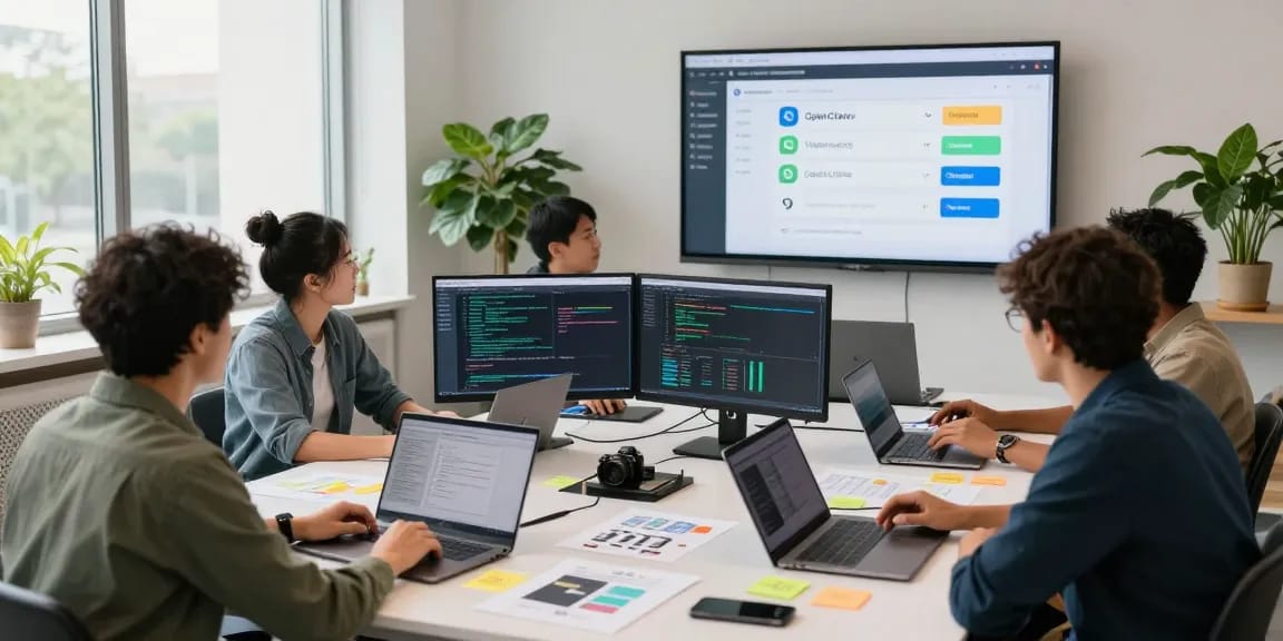 OpenClaw development team collaborating on AI projects, showcasing vibrant workspace.