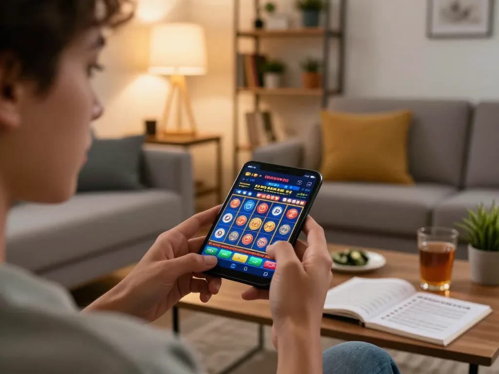 Player enjoying exciting slot games on a mobile app in a cozy home setting at 88aa
