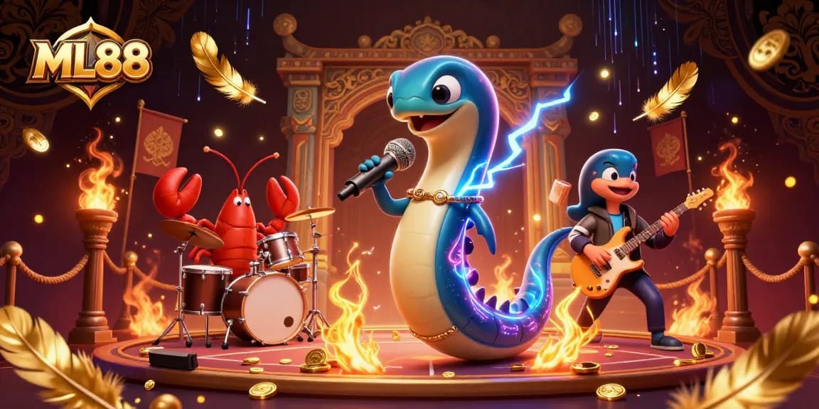 Experience the vibrant ML88 underwater casino stage with an electric eel DJ and band performing.