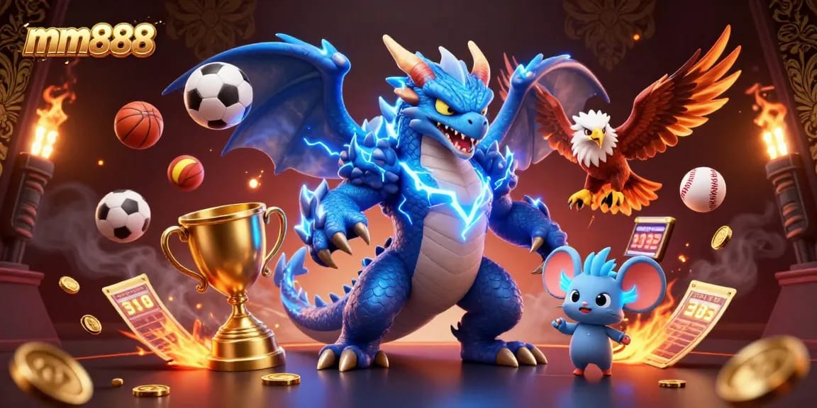Win exciting jackpots with mm888's dynamic casino illustration featuring vibrant characters and sports elements.