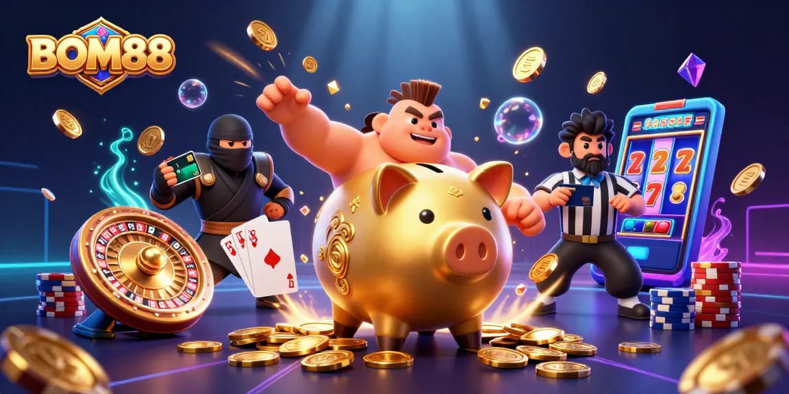 BOM88 players enjoying dynamic casino action with a golden piggy bank and engaging gameplay elements.