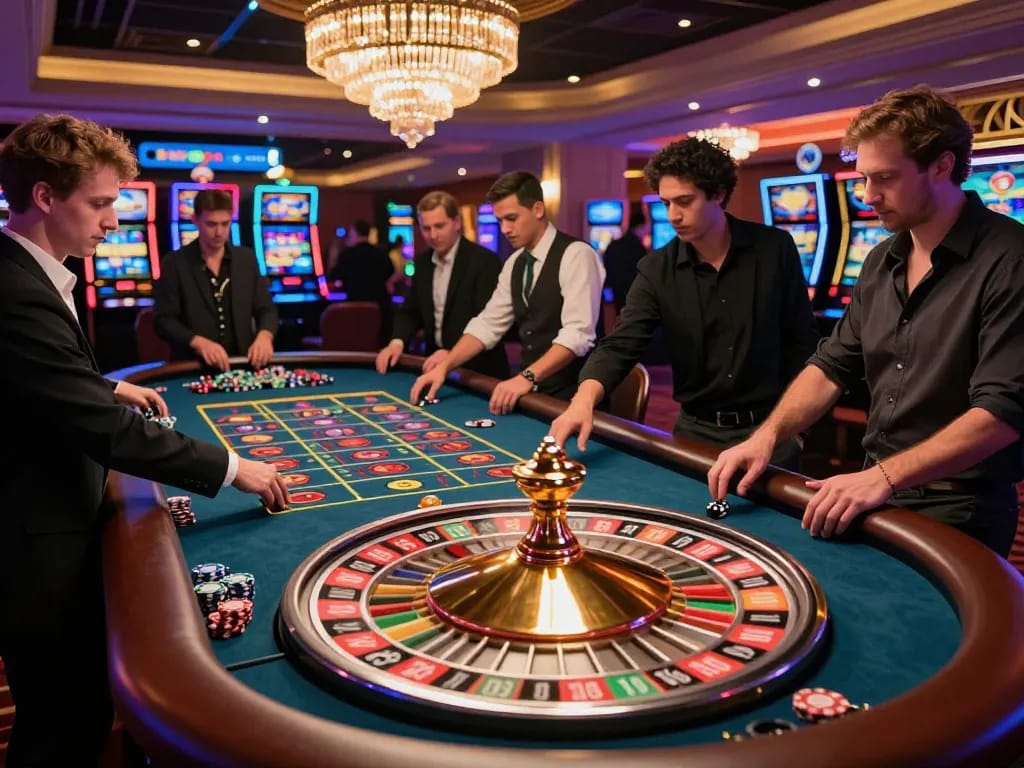 Players engaged at the LV88 roulette table, vibrant atmosphere and colorful chips creating excitement
