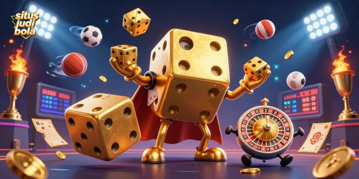 Engage with situs judi bola through dynamic sports betting elements in a vibrant 3D illustration.