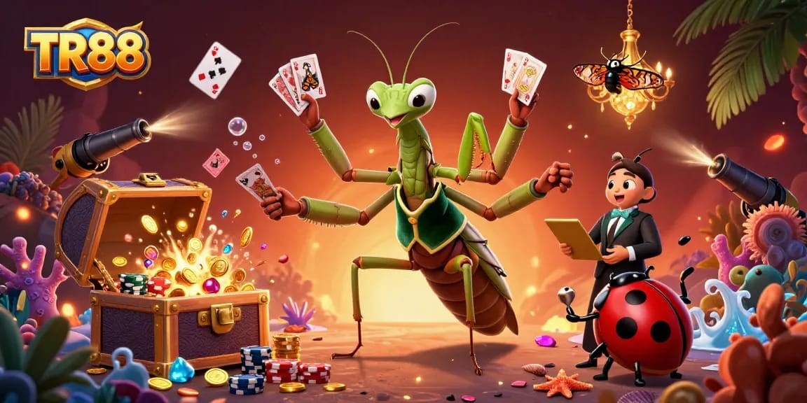 Engage in thrilling action at TR88 with vibrant casino-themed illustration showcasing playful characters and rich details.