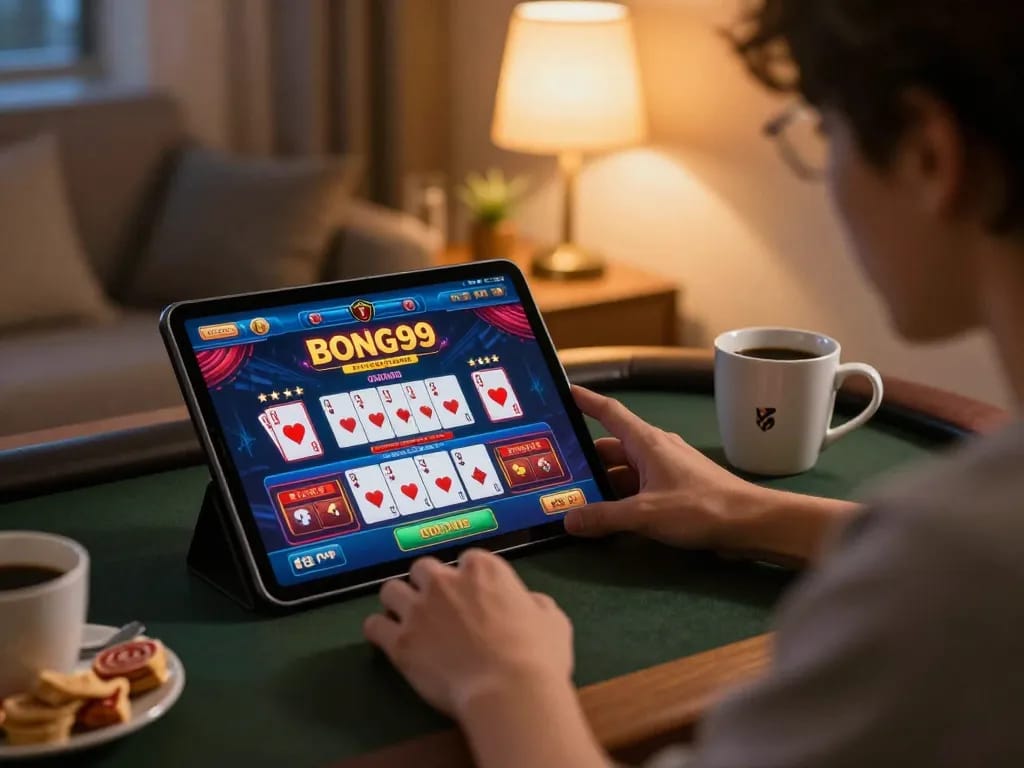 Engaging player using bong99 app on tablet for responsible online gaming in a cozy home