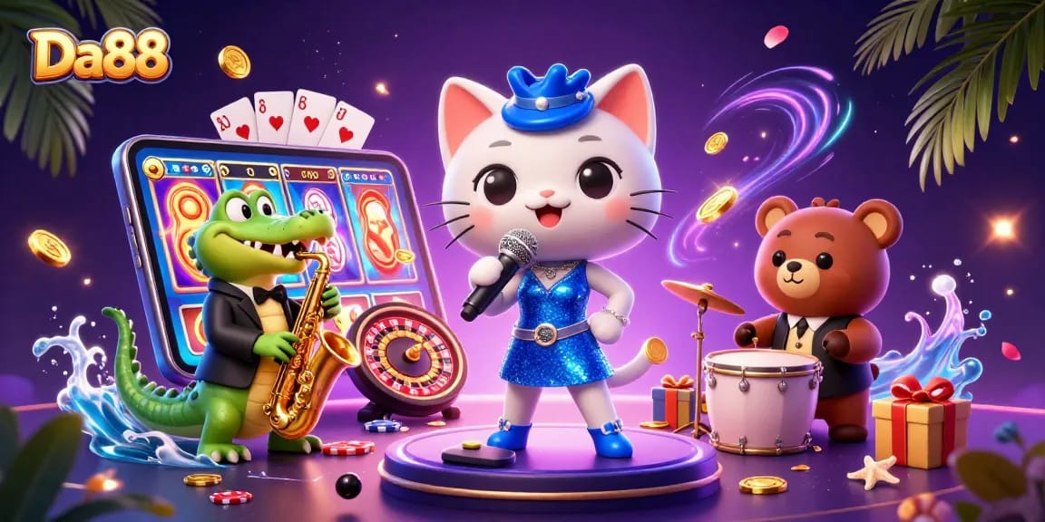 Engage with Da88 at this lively casino scene featuring vibrant characters and gaming elements.