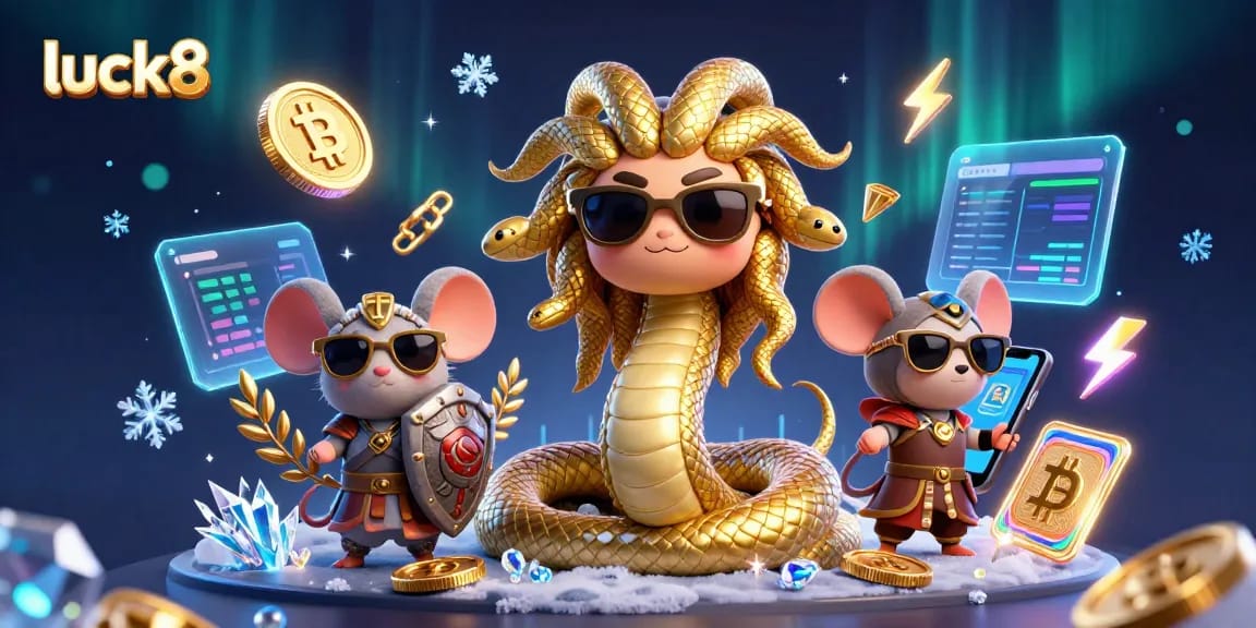 Experience luck8 gaming with engaging characters and dynamic crypto elements in a vibrant casino scene.