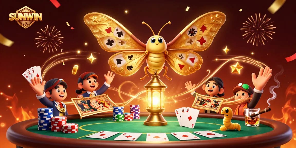 SUNWIN offers thrilling casino gameplay, showcasing 3D vibrant moth and poker elements in an exciting illustration.