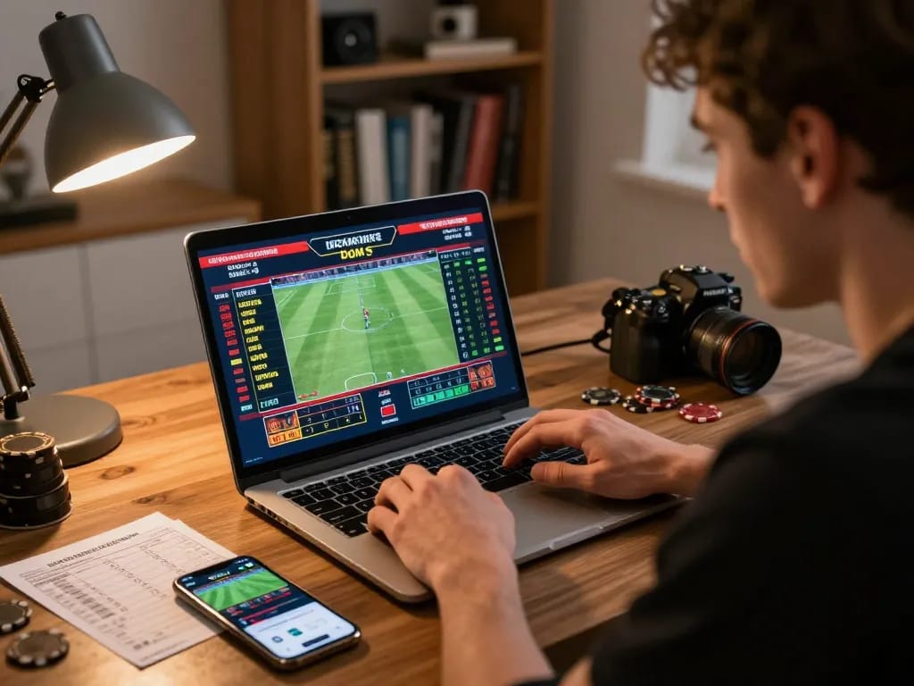 XX88 gambler focused on live sports betting with laptop screen showing real-time odds and strategies.