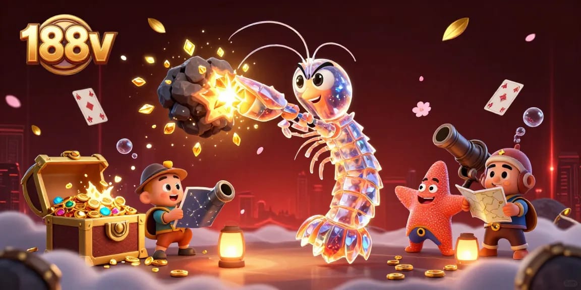 Experience the excitement of 188v in a vibrant casino-themed scene with gold coins and gems.
