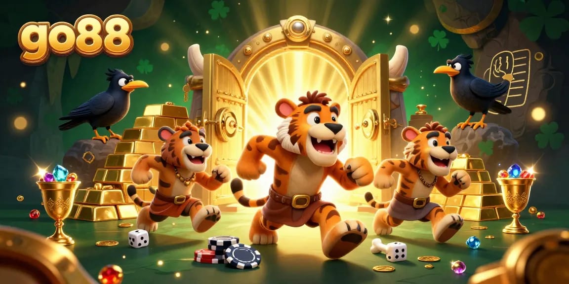 Experience excitement at go88 casino with cavemen and treasures in a captivating 3D scene.