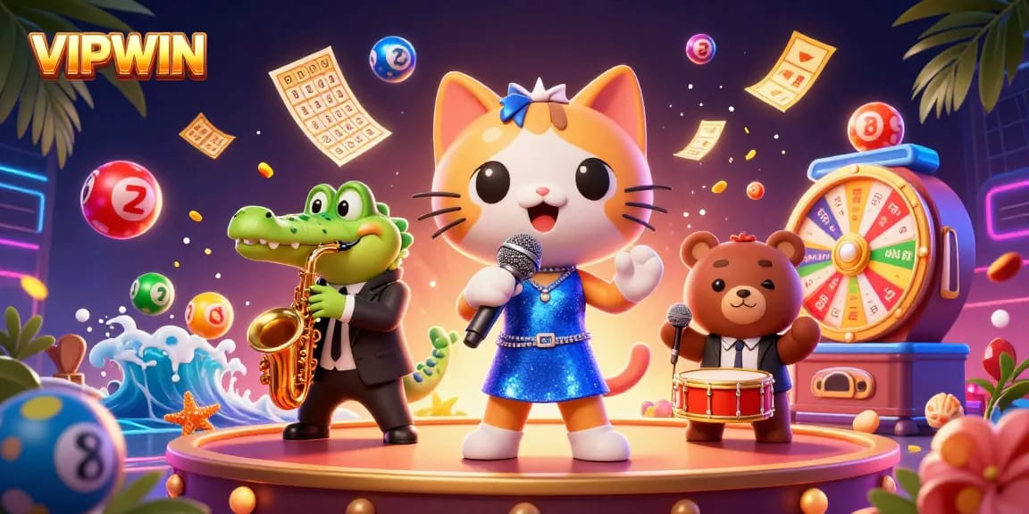 Experience the excitement of VIPWIN with a vibrant 3D casino scene featuring lively characters and dynamic elements.