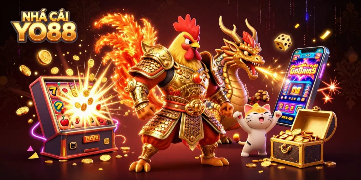 Experience the thrill of NHÀ CÁI YO88 with captivating characters and explosive casino game elements.