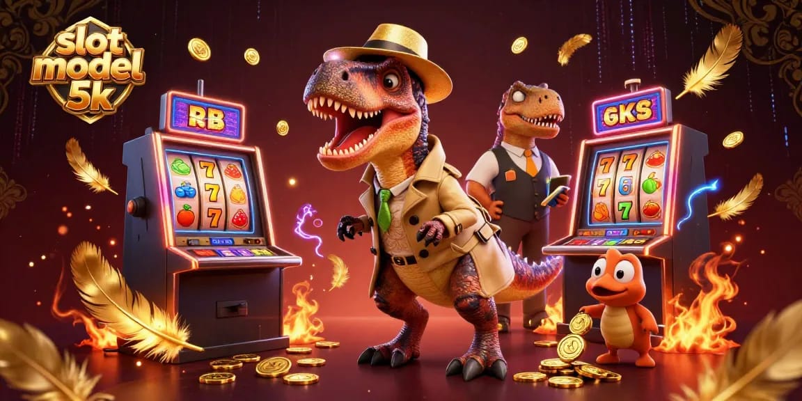 Spin the slot modal 5k, featuring a velociraptor at a slot machine beside a suspicious pit boss.