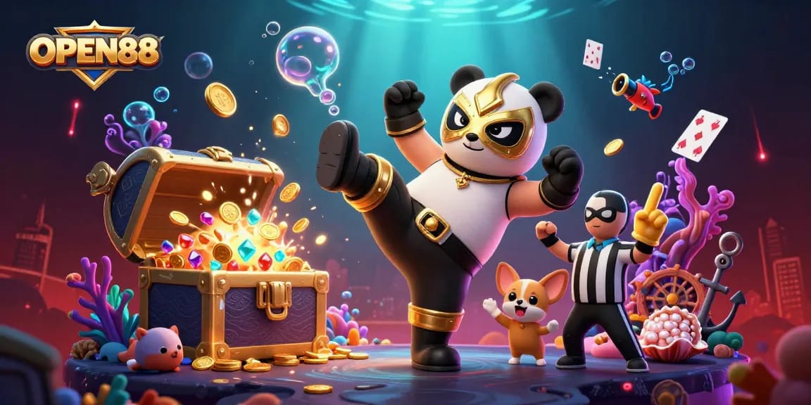 Experience the thrill of OPEN88 with a panda wrestler performing a flying kick amid a vibrant casino scene.