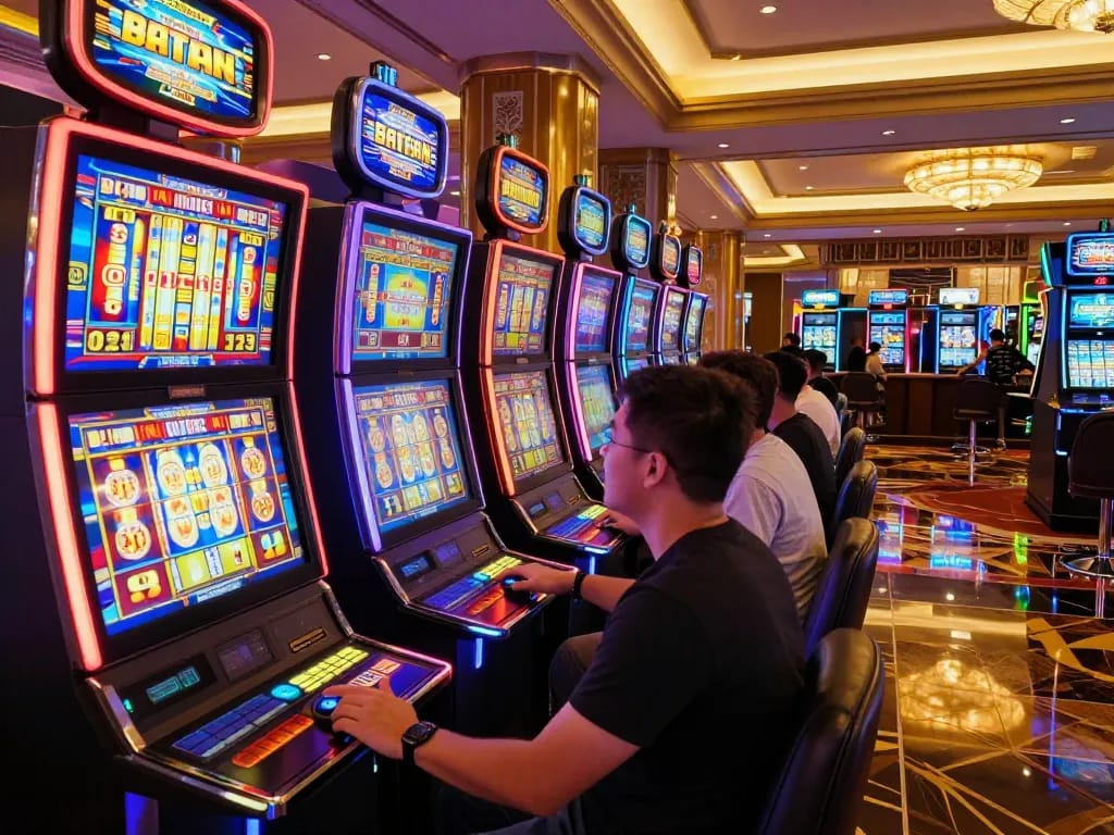 Players experiencing a thrilling slot bonus at a vibrant casino floor, engaging with colorful machines