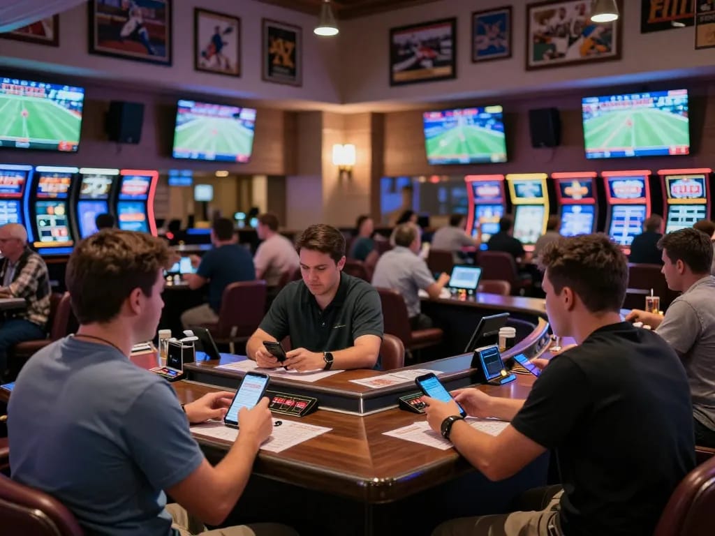 Fabet players placing bets in a lively sports betting lounge filled with screens.