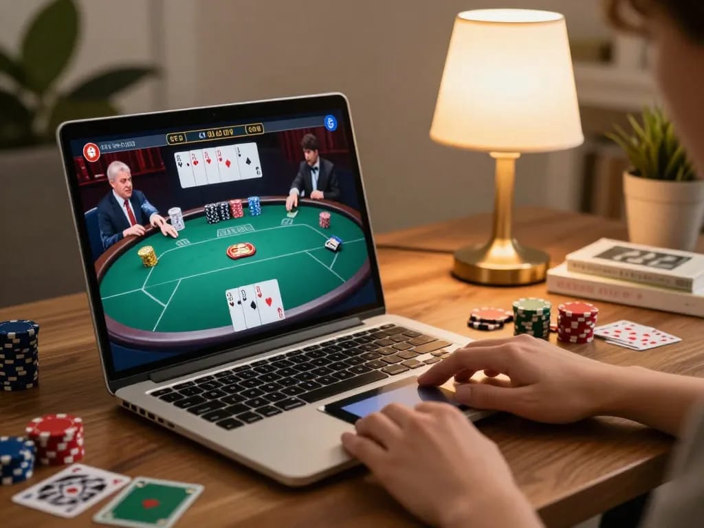 Play poker online at xx88 with a modern laptop in a cozy home setup, showcasing strategic gameplay.