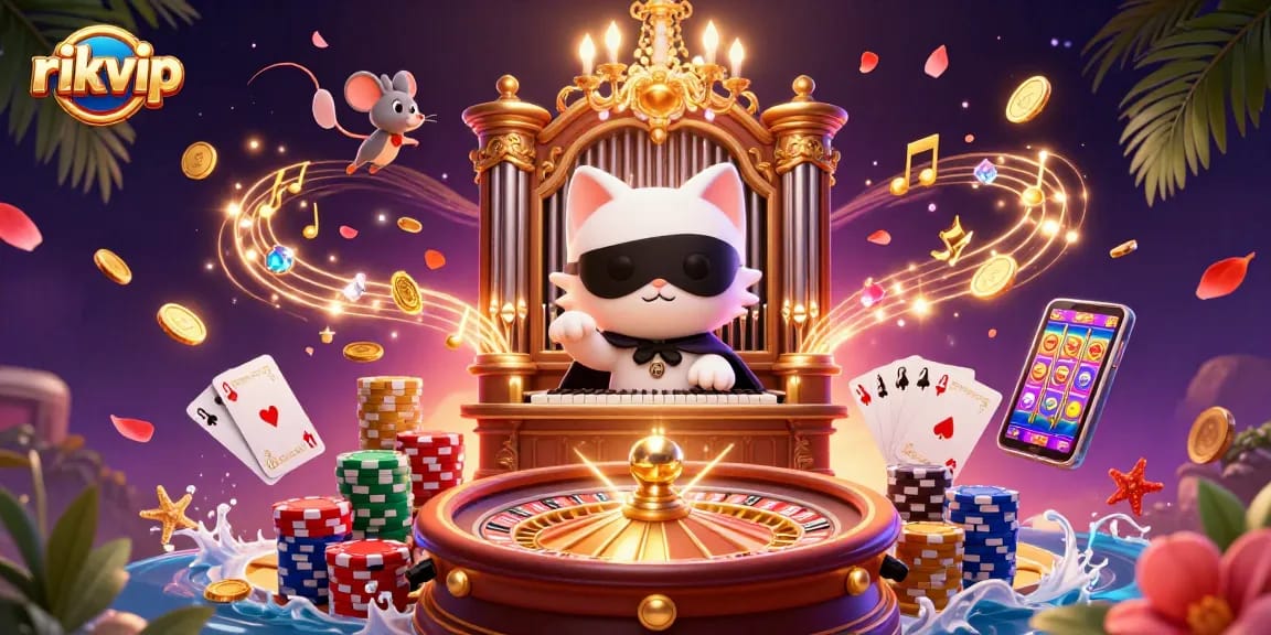 Experience the thrill of winning at rikvip with a lively casino illustration showcasing vibrant characters and gaming elements.