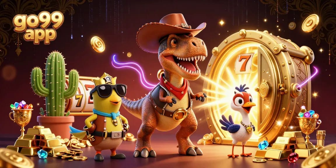 Visualize winning with the go99 app featuring a T-Rex and vibrant casino elements.