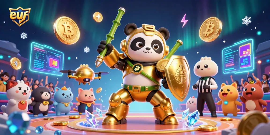 Experience euf's vibrant gaming world with immersive casino action scenes highlighting 3D characters and crypto elements.