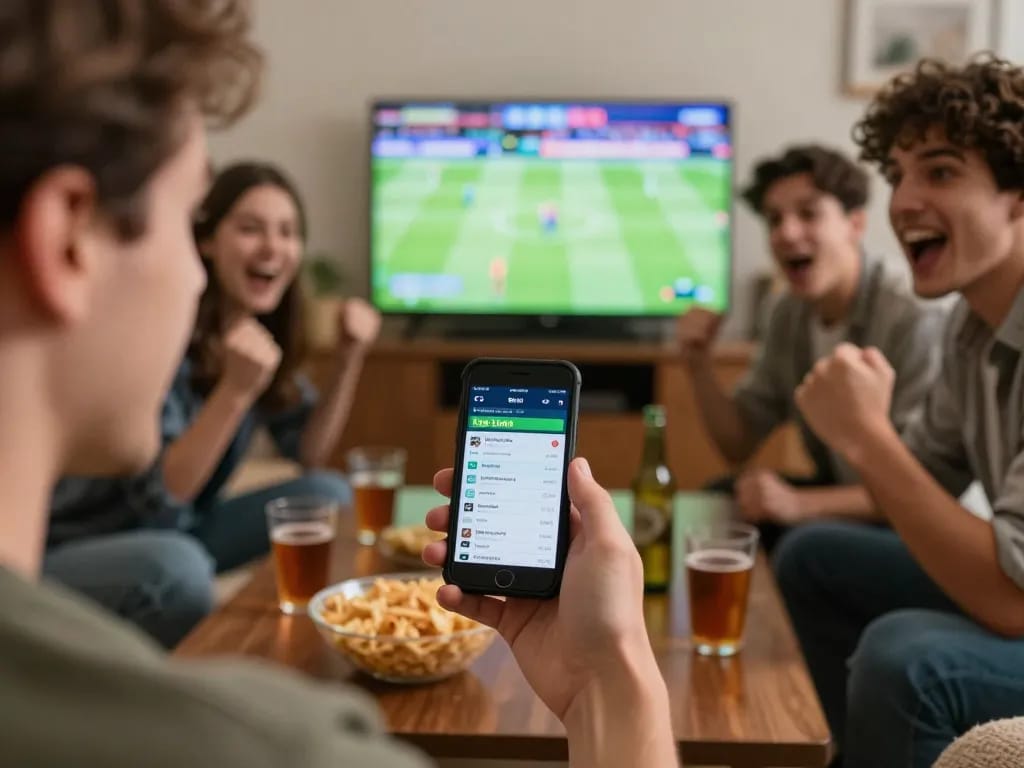 Placing bets on legal foreign betting sites during an exciting sports event with friends.