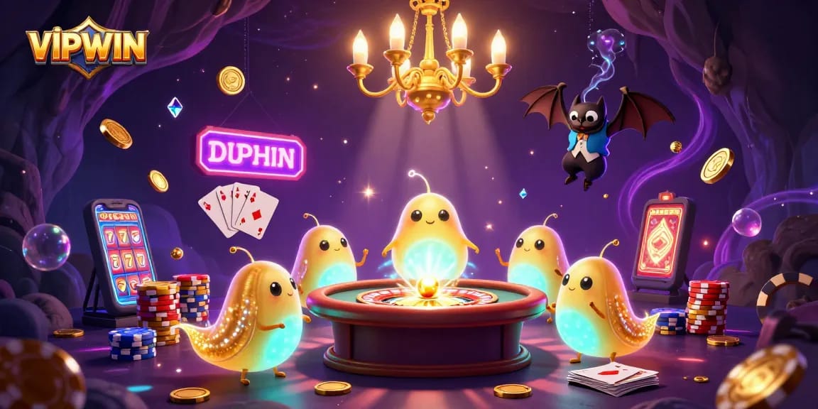 Experience the excitement at VIPWIN as glowworms illuminate a vibrant casino scene filled with game elements.