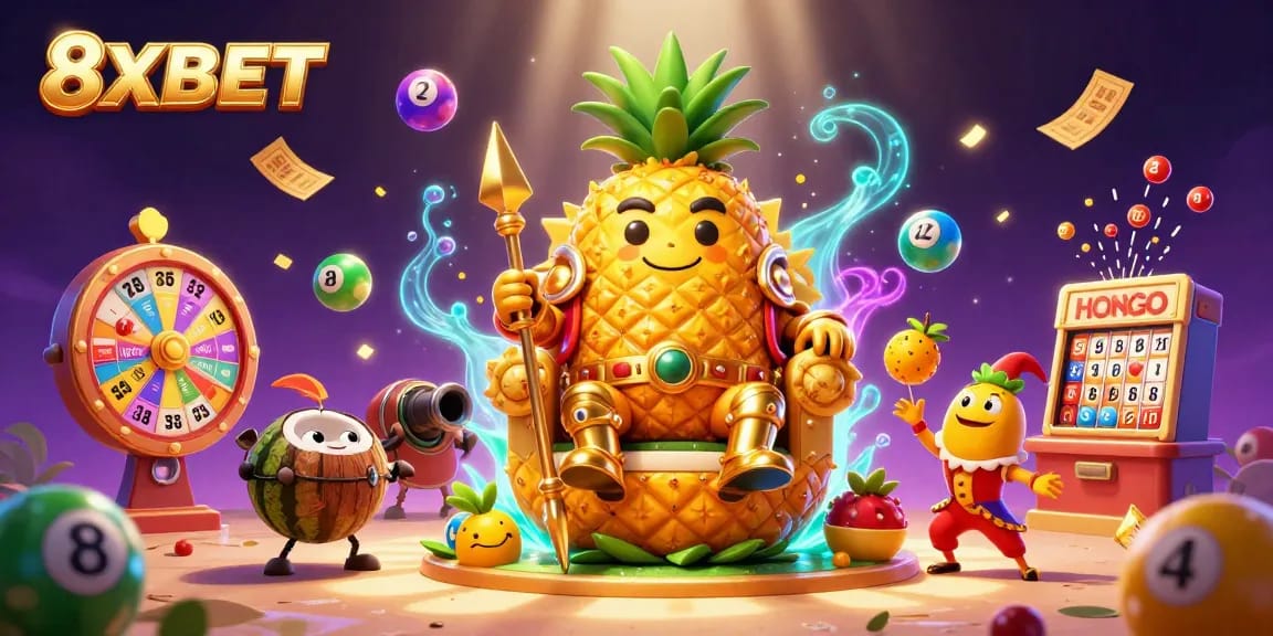 Engage in exciting casino fun with the vibrant 8XBET illustration featuring a lively golden pineapple king and whimsical elements.