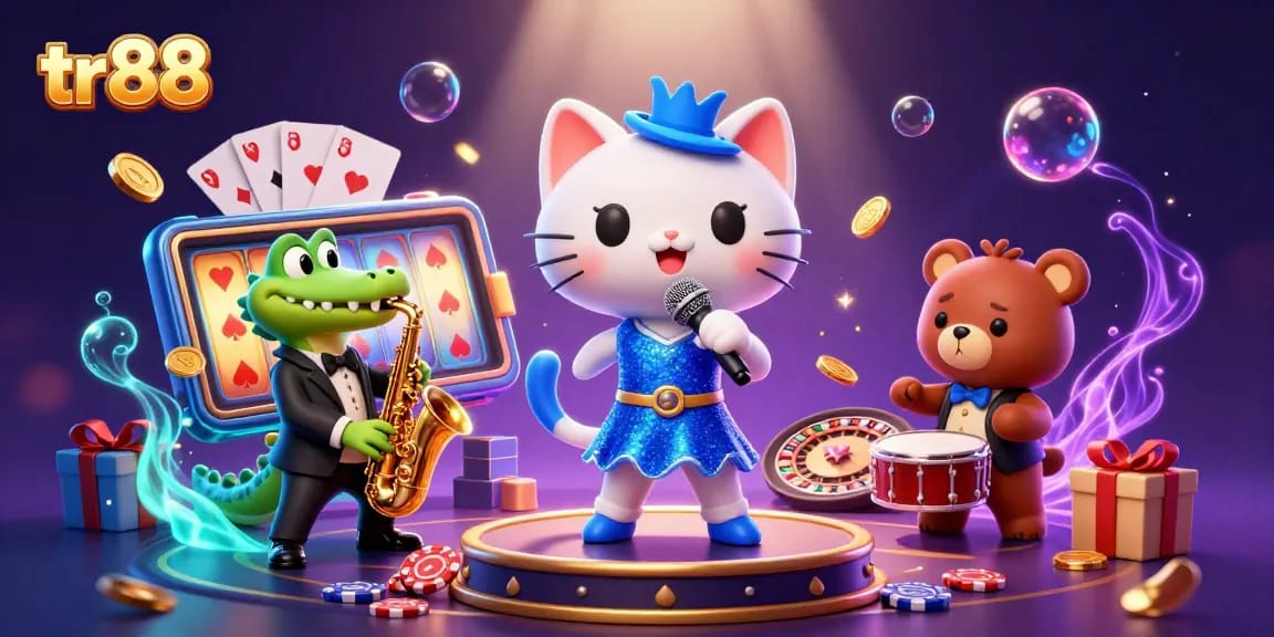 Experience exciting gaming at tr88 with a cartoon jazz-singer cat, vibrant slot game, and lively casino elements.