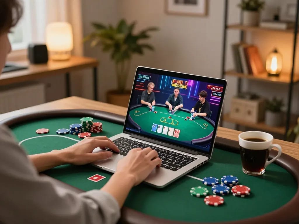 Engaging online gaming session at home, featuring 888top poker game on laptop screen.