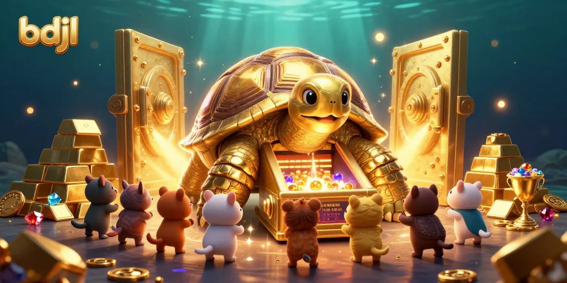Engage with bdjl's exciting gaming scene featuring a golden tortoise and treasure elements.