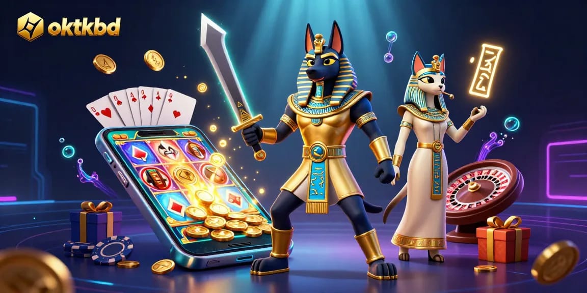 Engage in vibrant gameplay with oktkbd's dynamic 3D casino illustration featuring Anubis and Bastet.