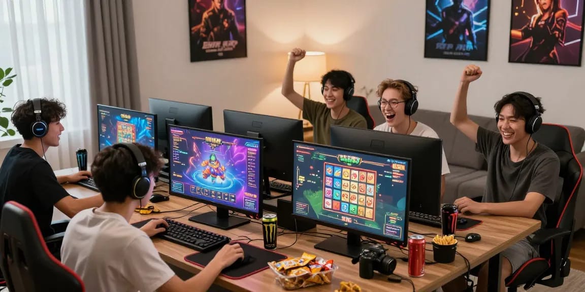 Engaging online gaming scene with friends enjoying rikvip games in a modern living room environment.
