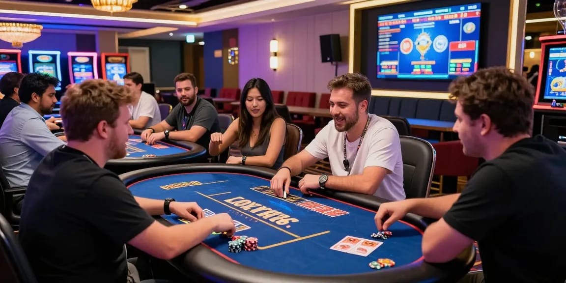 A diverse group enjoying rokok88 gaming experience in a vibrant casino atmosphere