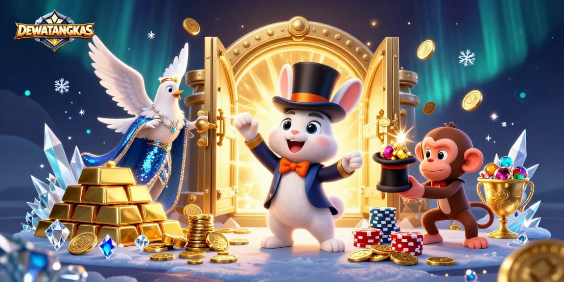 Enjoy DEWATANGKAS as the magician rabbit conjures golden coins amidst vibrant casino elements.