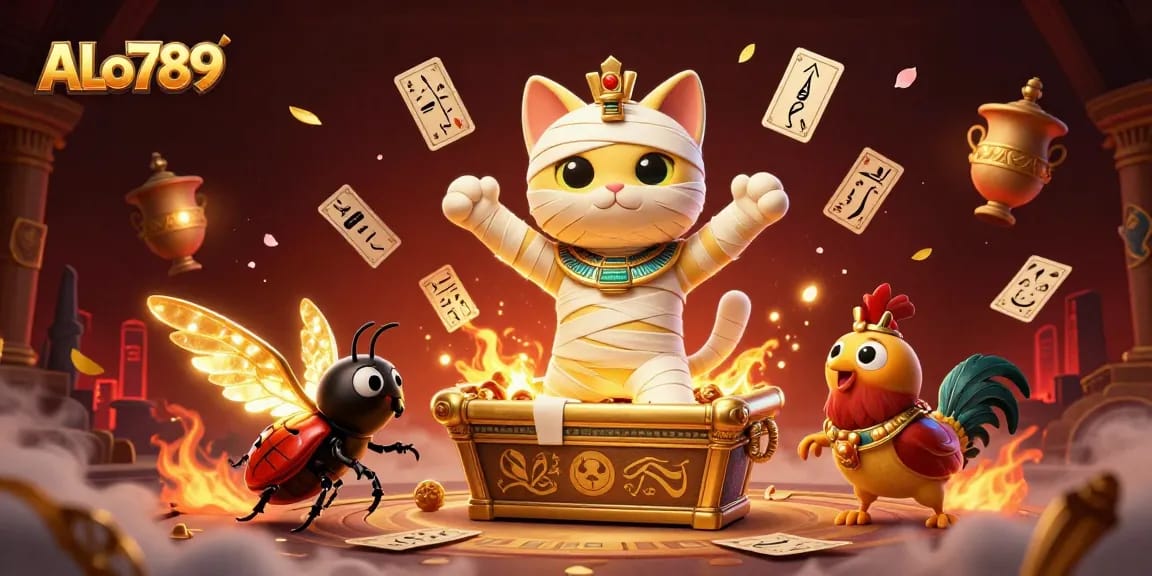 Experience live cockfighting action at ALo789, with a mummy cat and vibrant casino visuals.