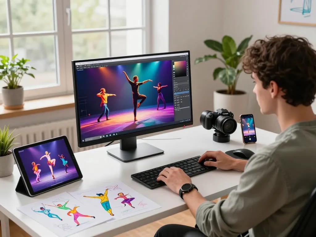 Creating engaging dance animations with dance ai in a colorful studio.