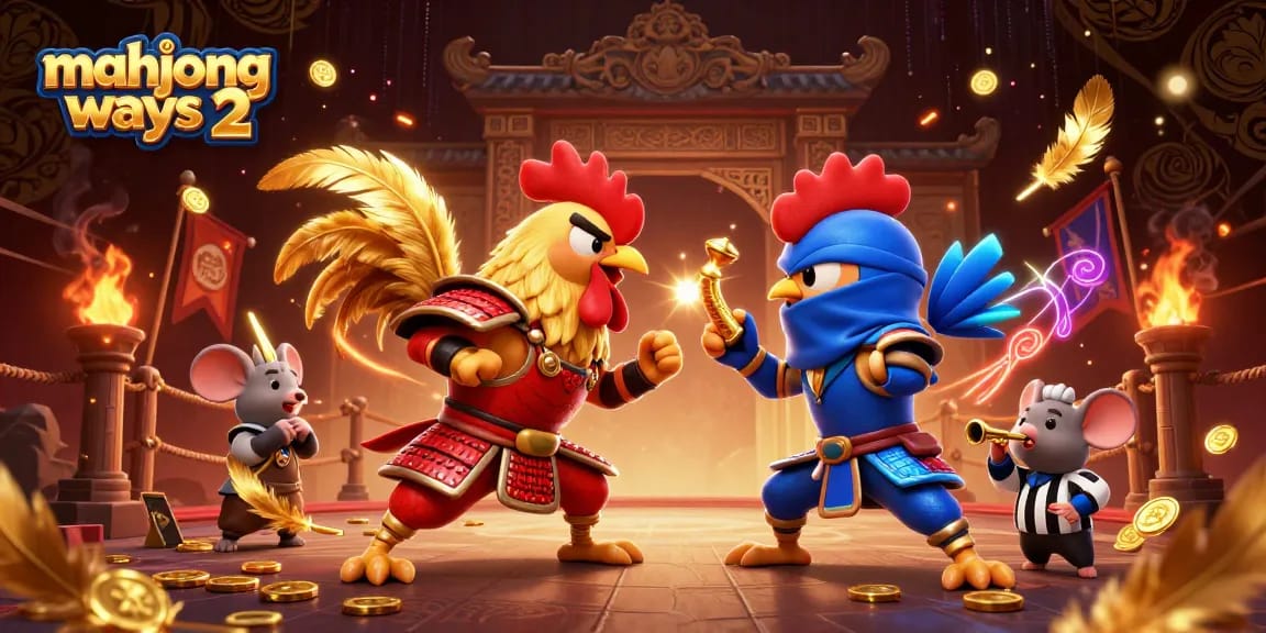 Engage with the action in Mahjong Ways 2 as roosters fight in a vibrant casino setting.