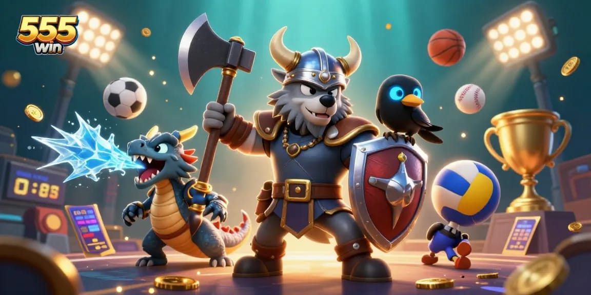 Engage with 555win's thrilling gaming experience featuring dynamic action, vibrant characters, and energetic sports elements.