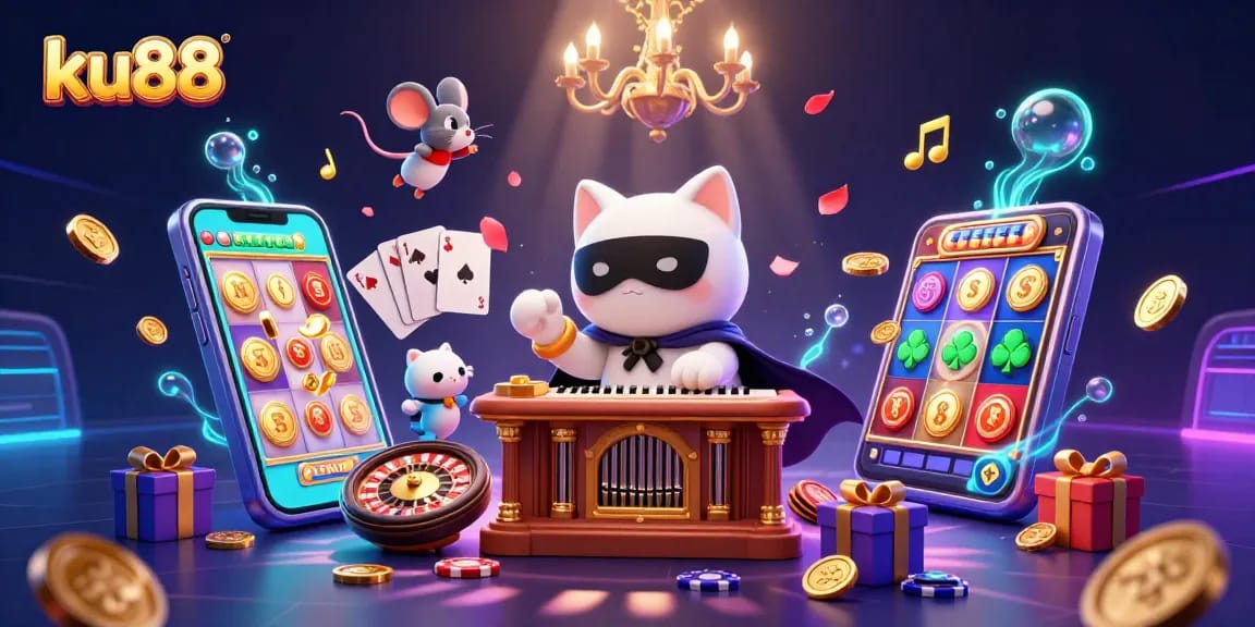 ku88 slot game excitement captured through a whimsical 3D illustration featuring a casino cat and acrobatic mouse