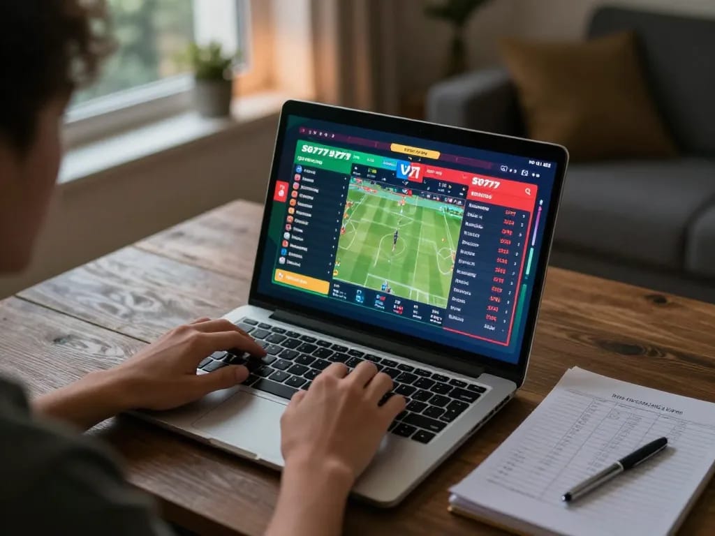SG777 player reviewing betting options in a cozy home gaming setup.