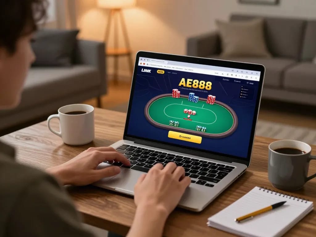 Person playing online casino poker using LINK AE888 on laptop in cozy home setup.