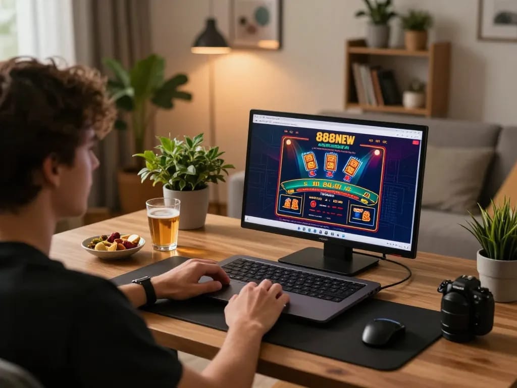Player engaging with online 888NEW casino games on laptop from stylish home desk