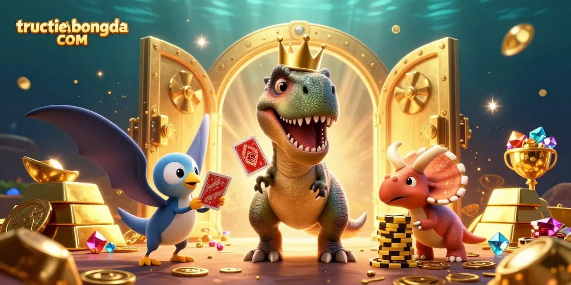 Experience the thrill of tructiepbongda COM with a T-Rex card shuffling at a vibrant casino scene.